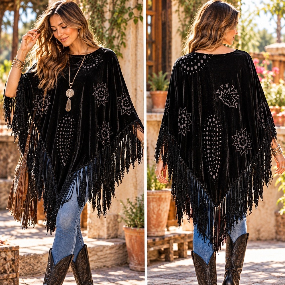 Velvet Burnout Fringe Poncho Women One Size Black Boho Celestial Mandala Wrap